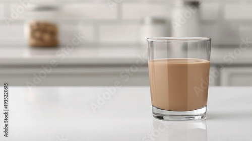 A glass of chocolate milk on a white countertop.
