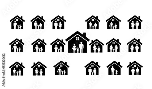 Residential family home icons black and white vector set with father mother child silhouettes isolated on white background