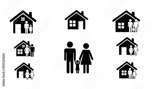 Family house icon set black and white vector illustration single family residential concept isolated on white background