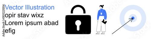 Data security, target marketing, goal achievement, business analysis, focus strategies, digital protection. A lock icon, professional figure and target with an arrow. Data security and target