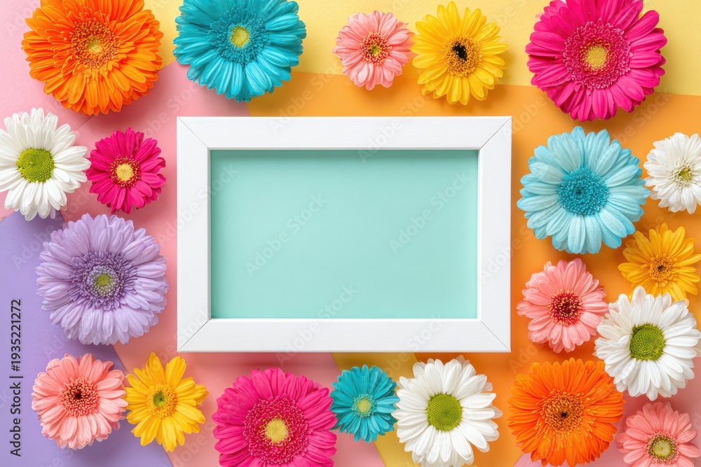 Fototapeta premium Springtime Greetings And Celebrations Colorful Gerbera Flowers Frame With White Border On Pastel Background For Invitations And Announcements