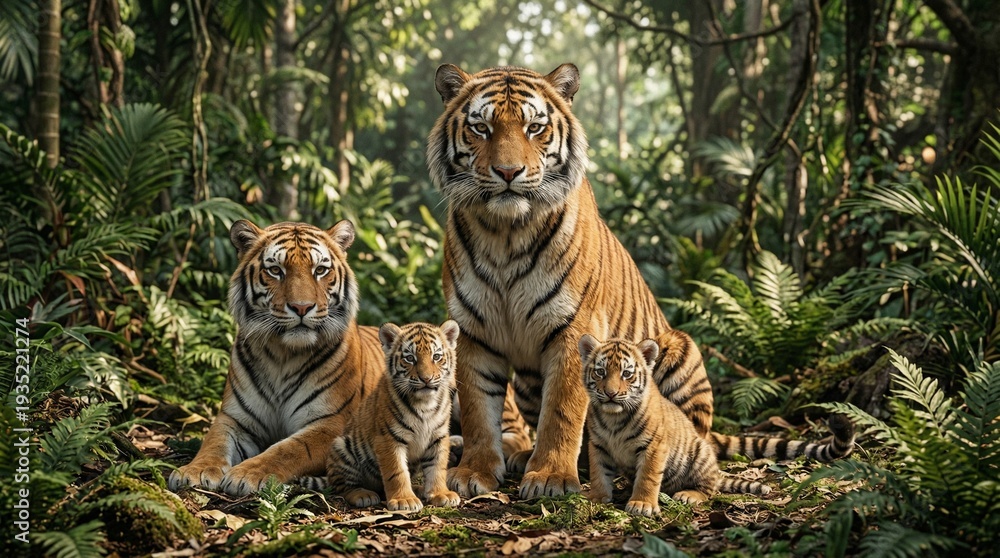 Obraz premium A family of four tigers, two adults and two cubs, resting in a dense, green jungle with lush foliage and trees.
