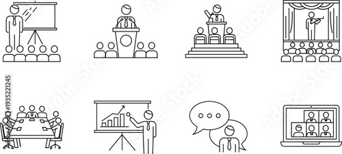 Business presentation and conference outline icons set meeting training webinar vector illustration