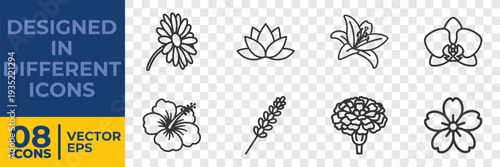A set of 8 minimalist flat vector floral icons, designed in black and white. Ideal for graphic design, prints, and digital use.