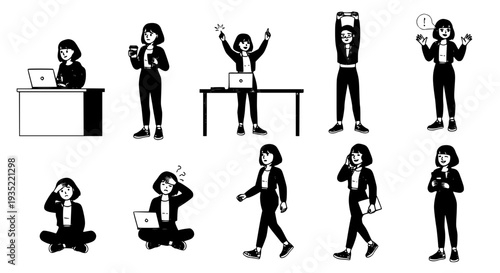 Urban Red Bob Hair Woman Workspace Character Set – Modern Female Office Lifestyle Vector Bundle