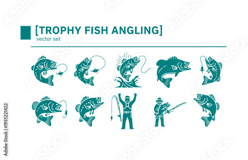 Trophy Fish Angling Vector Set - Black Silhouette Illustrations, Fishing Graphics, Bass Icons, Angler Achievement Design Elements