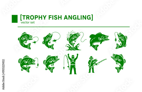 Trophy Fish Angling Vector Set - Black Silhouette Illustrations, Fishing Graphics, Bass Icons, Angler Achievement Design Elements