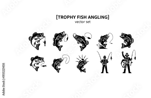 Trophy Fish Angling Vector Set - Black Silhouette Illustrations, Fishing Graphics, Bass Icons, Angler Achievement Design Elements