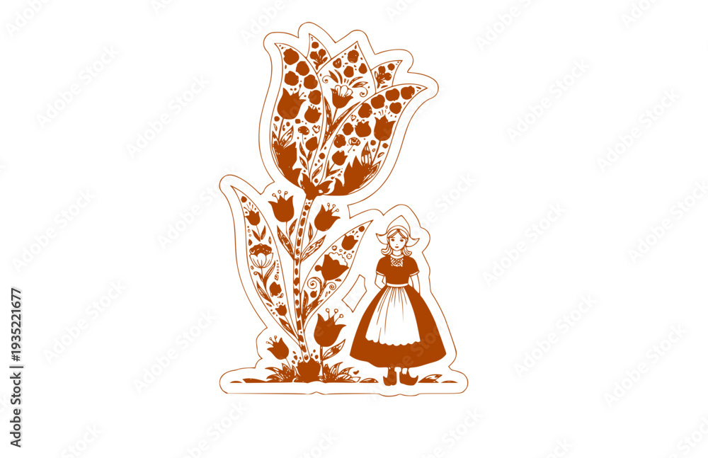 Obraz premium Dutch Flower Girl with Giant Tulip Silhouette, Netherlands Heritage Vector Sticker, European Folk Art and Floral History