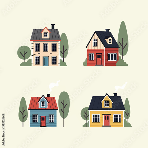 Hand drawn style buildings forming peaceful suburban landscape with greenery elements