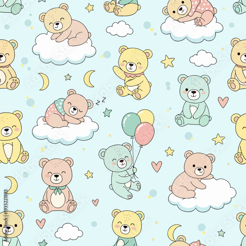 Whimsical Baby Shower Pattern Featuring Colorful Teddy Bears in Cozy Resting Poses