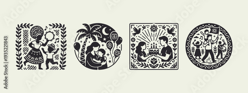 Monochrome Folk Art Illustrations of Family and Cultural Celebrations