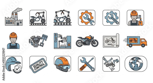 Collection of industrial and mechanical icons and symbols.