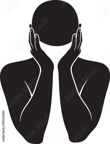 A black silhouette of a person covering their face with their hands isolated on transparent background, Vector