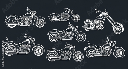 Collection of Vintage Motorcycle Illustrations on Dark Background.
