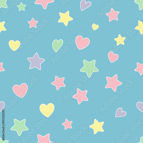 Pastel Dreams of Stars and Hearts Dancing Across a Calm Blue Sky Background in Soft Gentle Harmony