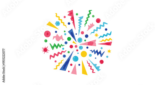 Abstract explosion of colorful geometric shapes and dots creating a festive and energetic burst of celebratory confetti against a white background.