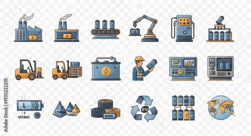 Industrial factory and manufacturing icons set.