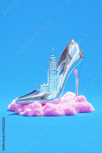 High-end Fashion Concept of a Chrome Stiletto Heel Containing a Glowing Skyscraper on Pink Clouds
