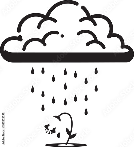 A rain cloud pours down raindrops on a small plant isolated on transparent background, Vector