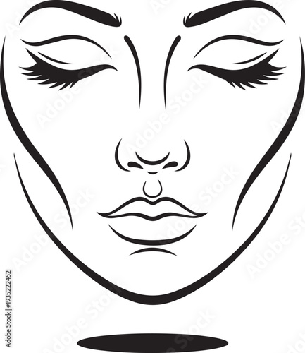 A black and white drawing of a woman's face with closed eyes isolated on transparent background, Vector