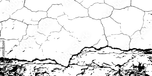 Aged plaster wall texture with spreading crack lines and rough black border, urban decay concept backdrop.