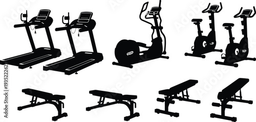 Gym fitness equipment silhouette set including treadmill, exercise bike, elliptical trainer and weight bench, black icon collection isolated on white background for workout design