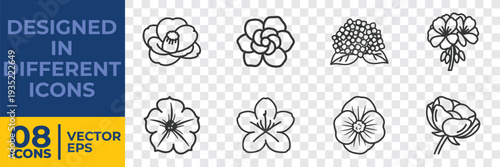 A collection of 8 minimalist floral vector icons designed in flat style with clean line art, ideal for graphic projects and illustrations.