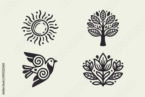 Minimalist Organic Nature Icons Set: Sun, Tree, Bird, Flower
