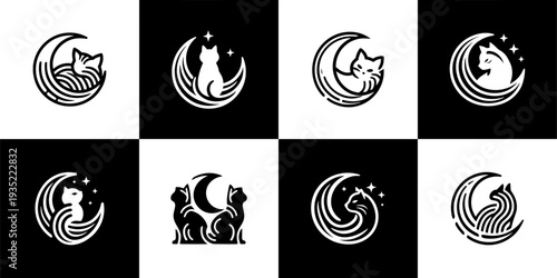 Icon Set Vector of 8 Moon Cat Star Night Animal Logos