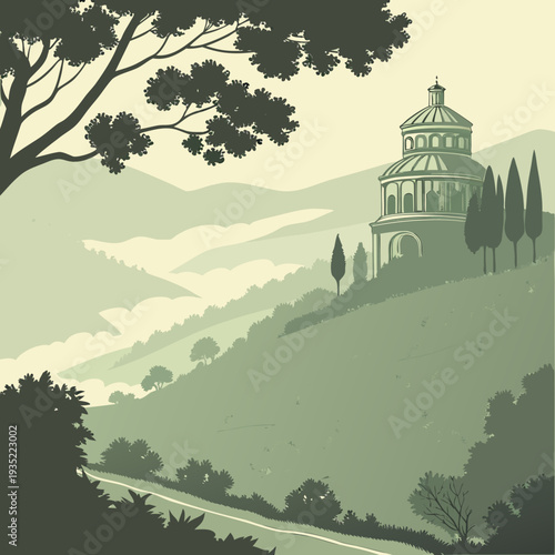 Italian countryside villa atop a hill, cypress trees, scenic road, misty mountains, European travel