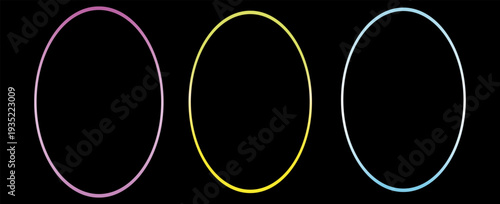 Silver, golden and rose gold thin oval frames. Art deco shiny ellipse borders set. Thin line glowing grey, yellow and pink boarder element collection, birthday decor. Vector.
