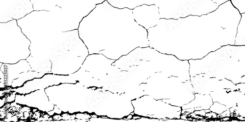 Minimalist abstract background of cracked white plaster wall with rough black texture along the bottom, high contrast detail, grunge aesthetic, natural fracture lines, urban decay concept, copy space.