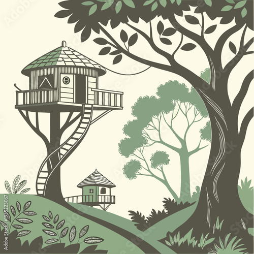 Two charming treehouses nestled in a lush forest, rustic design with ladders and leafy surroundings