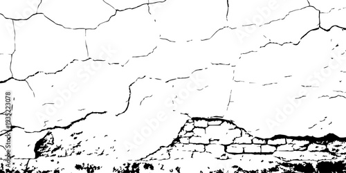 Abstract fracture pattern on white wall, dramatic crack network, high contrast rough concrete texture background.