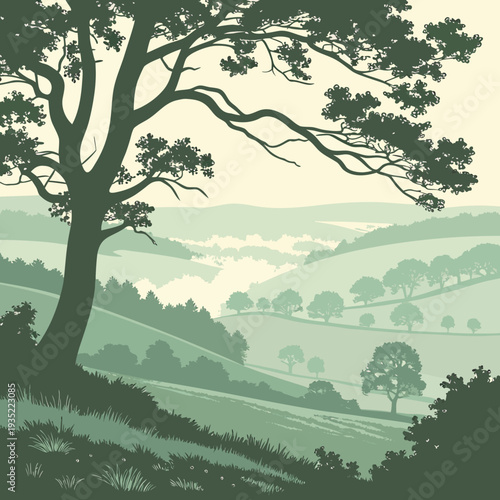 Serene rolling green hills and valleys, lush landscape with distant trees and soft fog, pastoral view