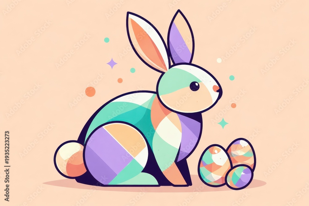 Obraz premium Cute geometric Easter bunny with colorful eggs and pastel background