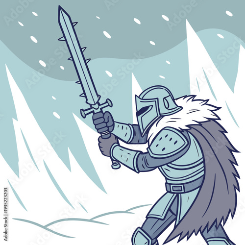 Imposing Medieval Knight in Spiked Armor Wielding a Broadsword - Fantasy Crusader in a Cold Winter Landscape