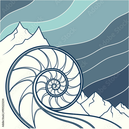 Abstract Nautilus Shell Spiral with Stylized Mountains and Wavy Sky - Nature's Geometry and Serene Landscape