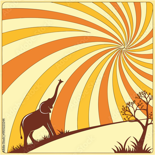 Retro African Landscape with Elephant Silhouette and Swirling Sunburst - Vintage Safari Adventure Design