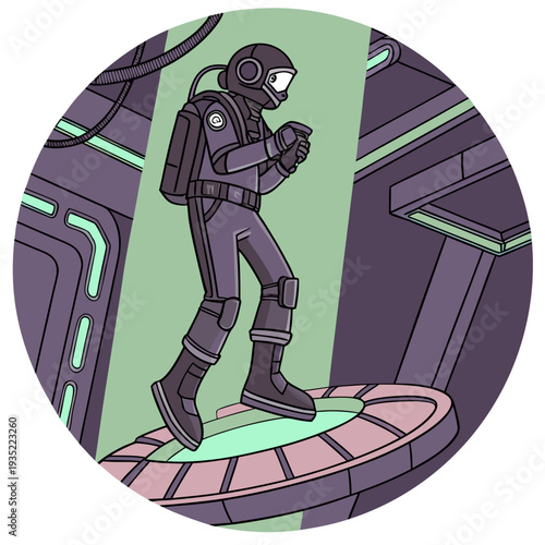 Astronaut on Hoverboard in Futuristic Sci-Fi Environment, Exploring Space Station Interior