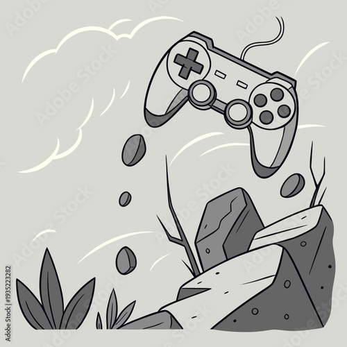 Retro Style Video Game Controller Levitating Above Rocks and Foliage, Nostalgic Gaming Illustration