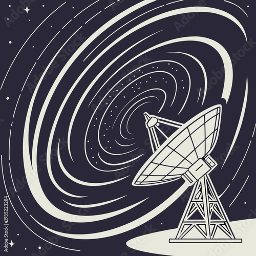 Satellite Dish Array in Deep Space, Receiving Cosmic Signals Amidst Swirling Galaxies and Stars