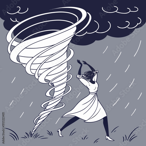Silhouette of a woman in a white dress performing a dramatic pose against a dark tornado and rainfall, symbolizing courage amidst chaos.