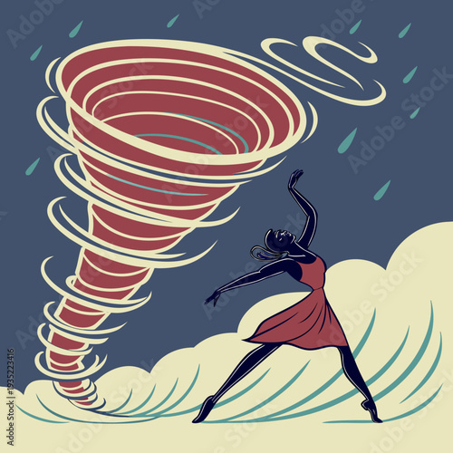 Woman in a red dress dancing gracefully in front of a swirling red tornado and stormy clouds, symbolizing resilience and facing challenges.