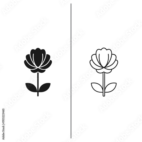 Flower Icon: Stylized Bloom in Solid Black and Outline Vector Graphics