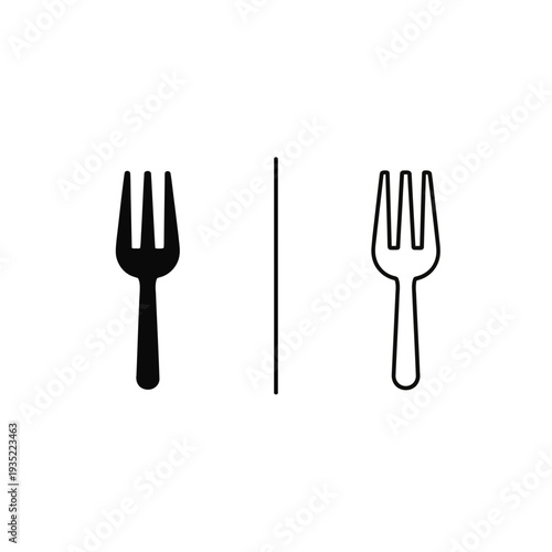 Fork Icon: Simple Utensil in Solid Black and Outline Vector Styles for Dining