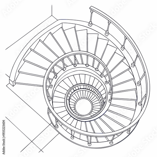 Top-down line art of a classic spiral staircase with a handrail, architectural drawing