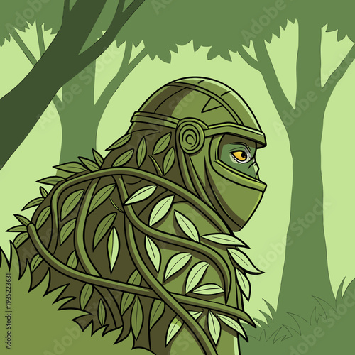 Camouflaged warrior in a forest, covered in leaves and vines, mysterious and stealthy illustration