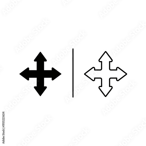 Four-Way Arrow Icon Set: Filled Black and Outline, symbolizing direction, movement, and navigation.